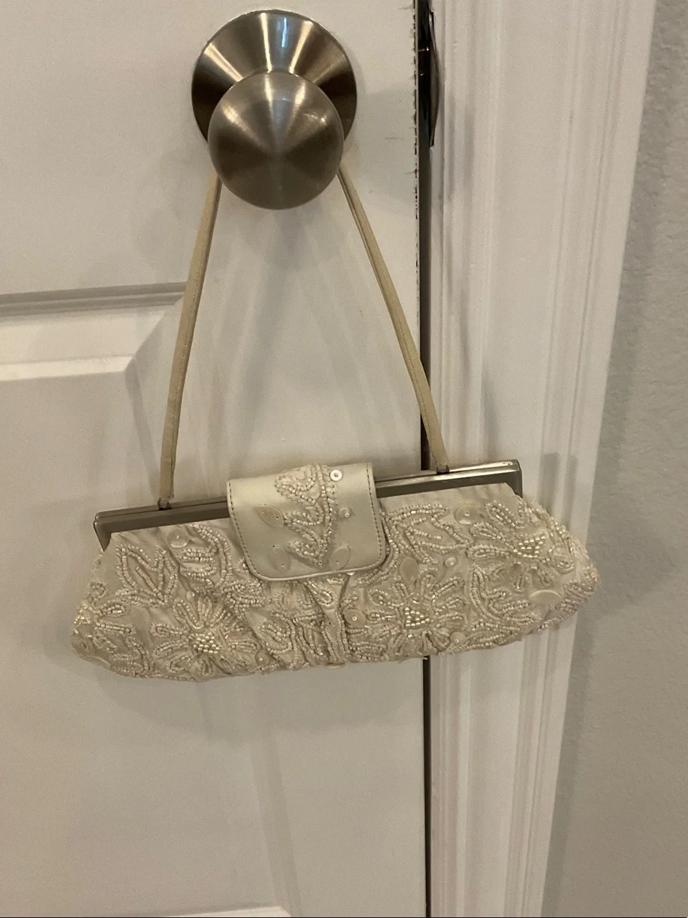 Beaded Cream Floral Evening Clutch with Strap